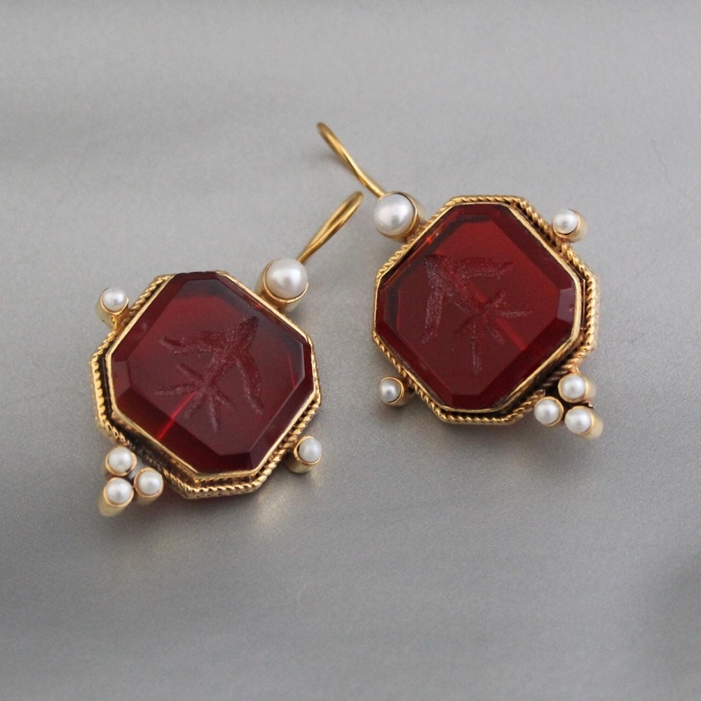 Vintage Gold and Red Earrings with Pearl Accents - Picture 3 of 5